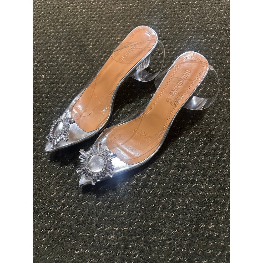 Clear Transparent Pointed Toe Slingback Pumps w/Rhinestone Sunburst Brooch NEW - Picture 6 of 6